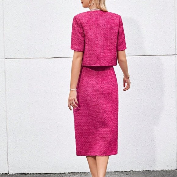 Hot Pink Casual Womens Solid Button Front Jacket & Skirt - Picture 2 of 5